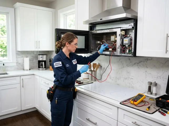 Appliance Repair Hero technician testing an over-the-range microwave in a Amherst, NH kitchen